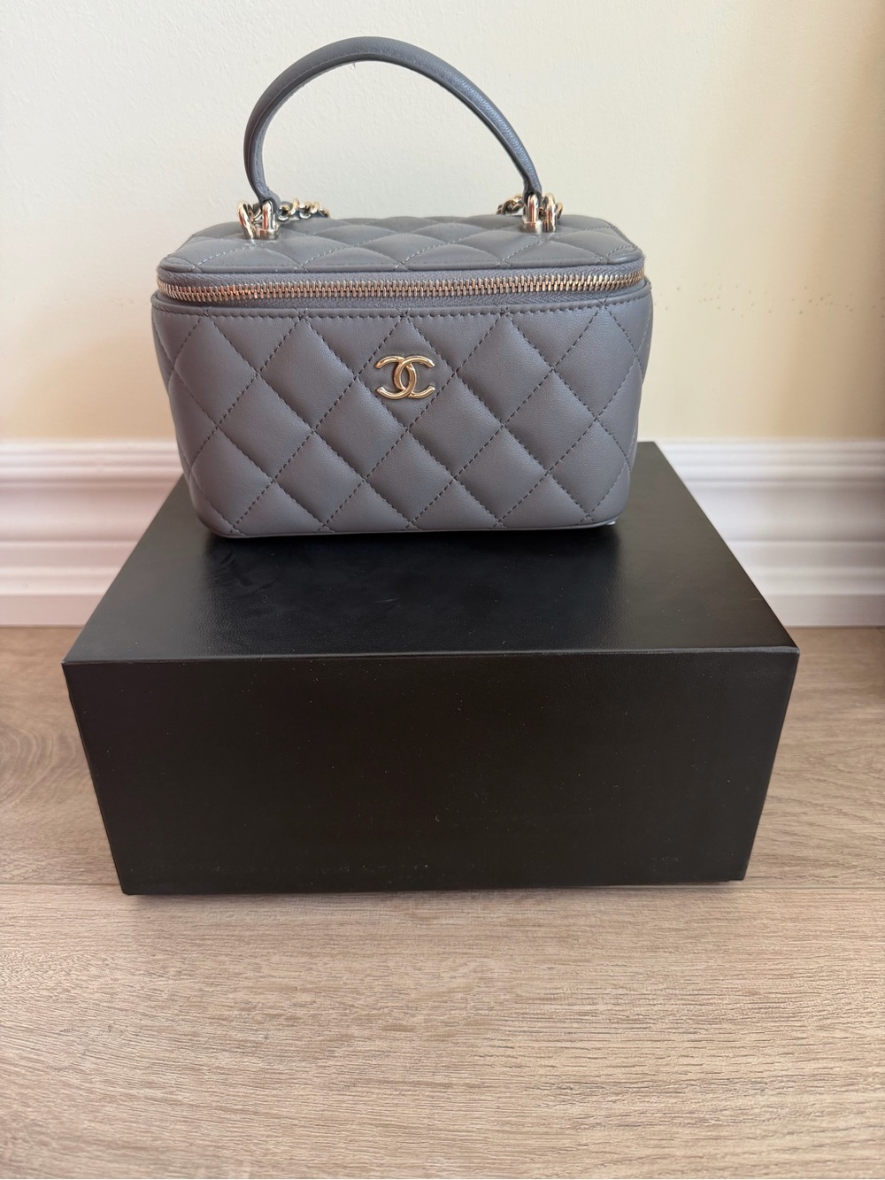 CHANEL Gray Quilted Mini Vanity Bag with Gold CC